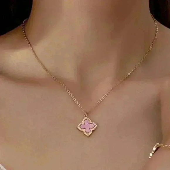 Pink Clover Pendant on 18k Gold Filled Necklace - Picture 2 of 2